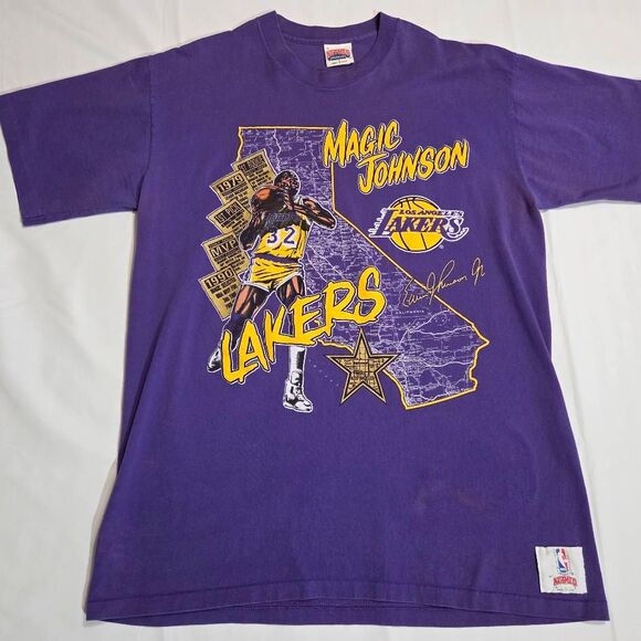 MAGIC JOHNSON LAKERS NUTMEG NBA SINGLE STICH MENS VINTAGE PURPLE T-SHIRT SIZE XL - Picture 1 of 7
